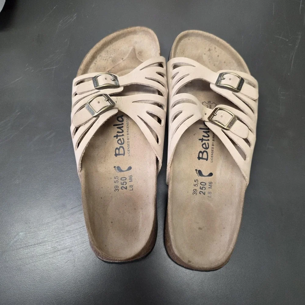 Birkenstocks Betula Sandals Women 8 Beige Leather Slide Buckle Comfort - Picture 3 of 11